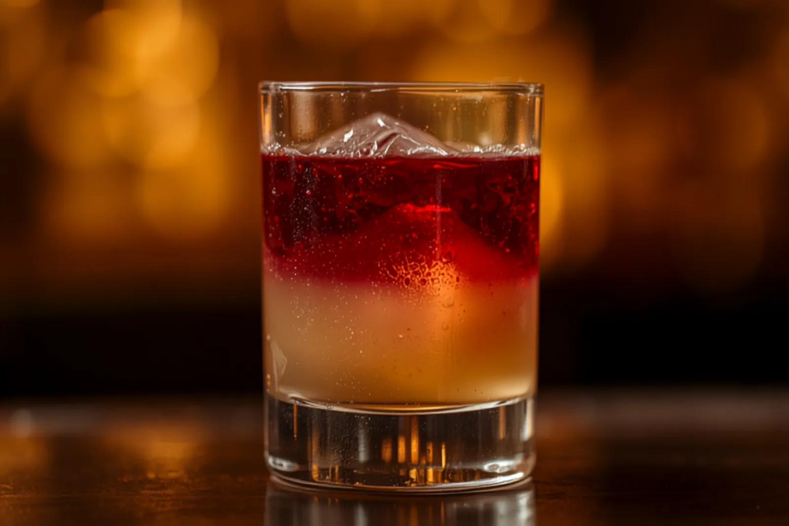 A New York sour in a rocks glass with a deep-red wine float layered over a pale whiskey sour, dramatic light.