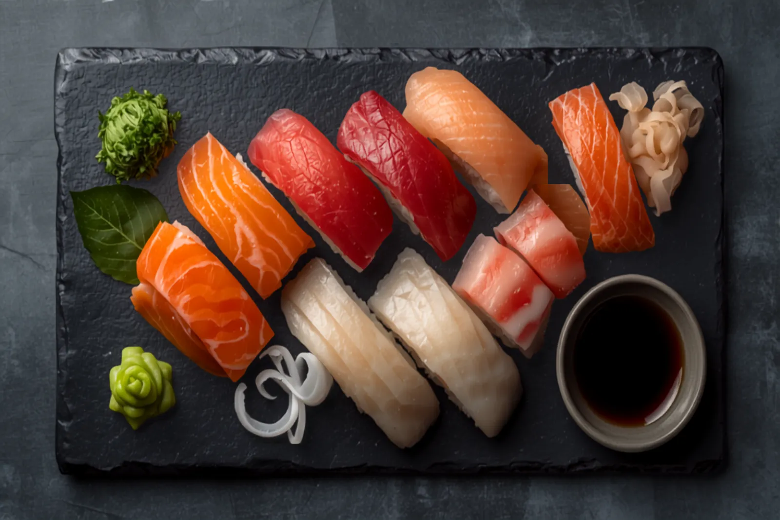 A slate platter of nigiri sushi — hand-pressed rice topped with glistening slices of salmon and tuna — alongside maki rolls, wasabi, and pickled ginger.