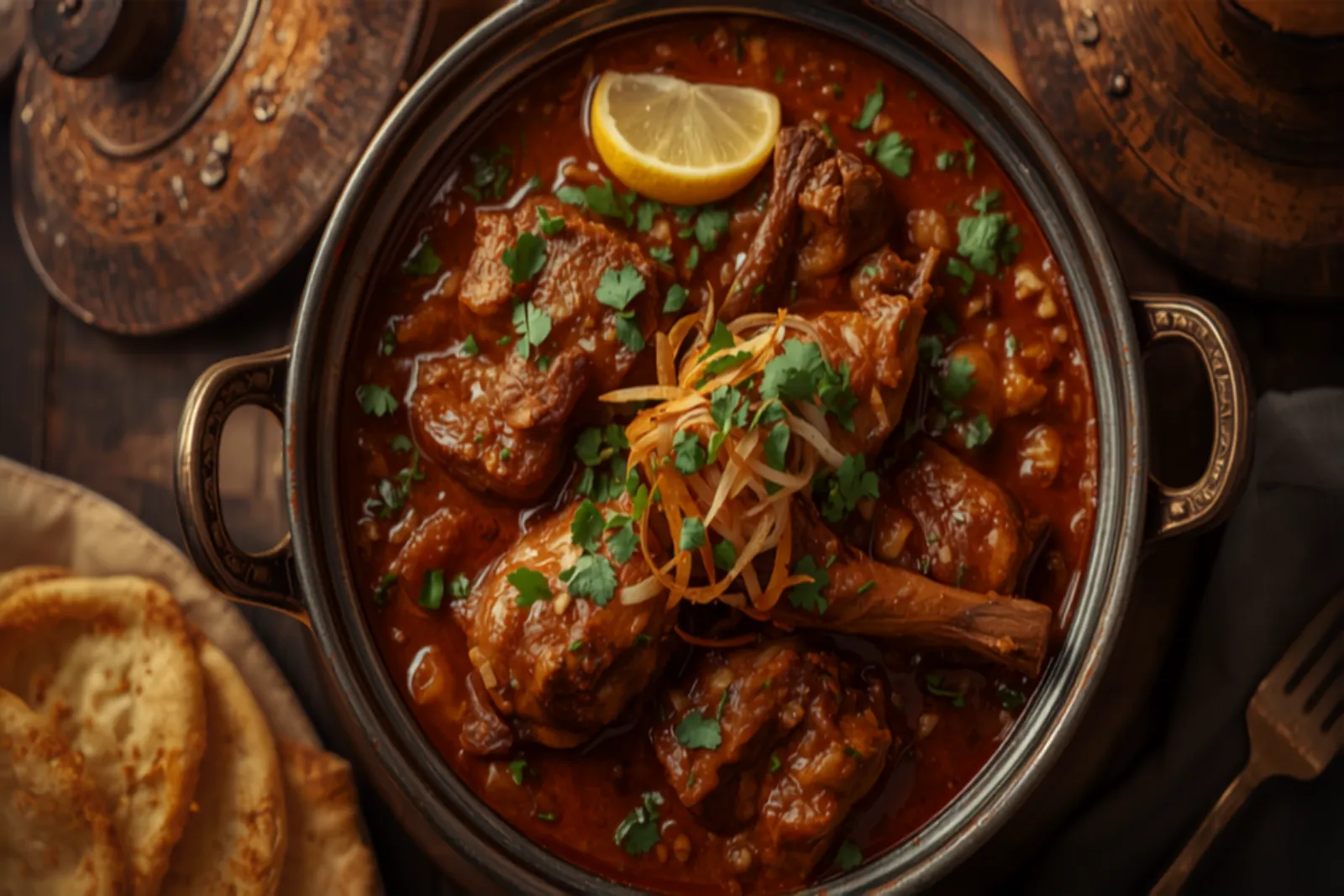 A wide bowl of deep reddish-brown Old Delhi nihari with tender bone-in mutton in a glossy gravy, topped with julienned ginger, sliced green chilli, fresh coriander and fried onions, a lemon wedge and warm khameeri roti alongside on a dark rustic table.