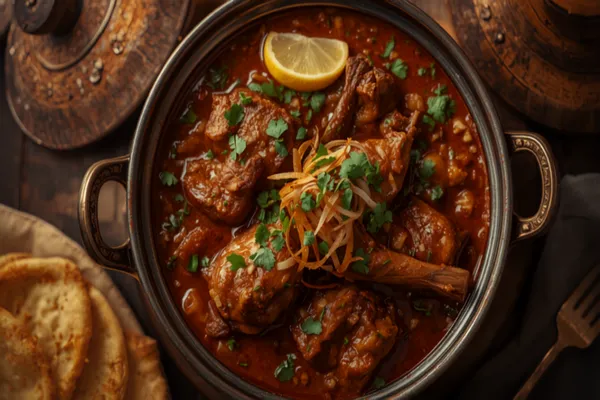 A wide bowl of deep reddish-brown Old Delhi nihari with tender bone-in mutton in a glossy gravy, topped with julienned ginger, sliced green chilli, fresh coriander and fried onions, a lemon wedge and warm khameeri roti alongside on a dark rustic table.