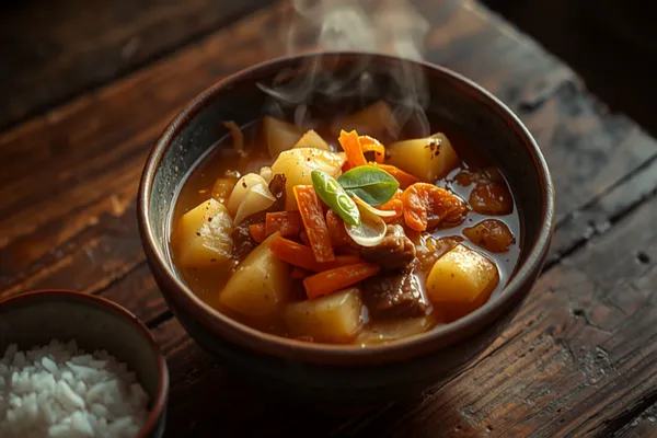 A rustic bowl of nikujaga on a wooden table: chunks of golden potato, tender ribbons of beef, orange carrot, and soft onion glistening in a reduced amber soy broth, garnished with a few bright green snow peas, steam curling up beside a bowl of white rice.