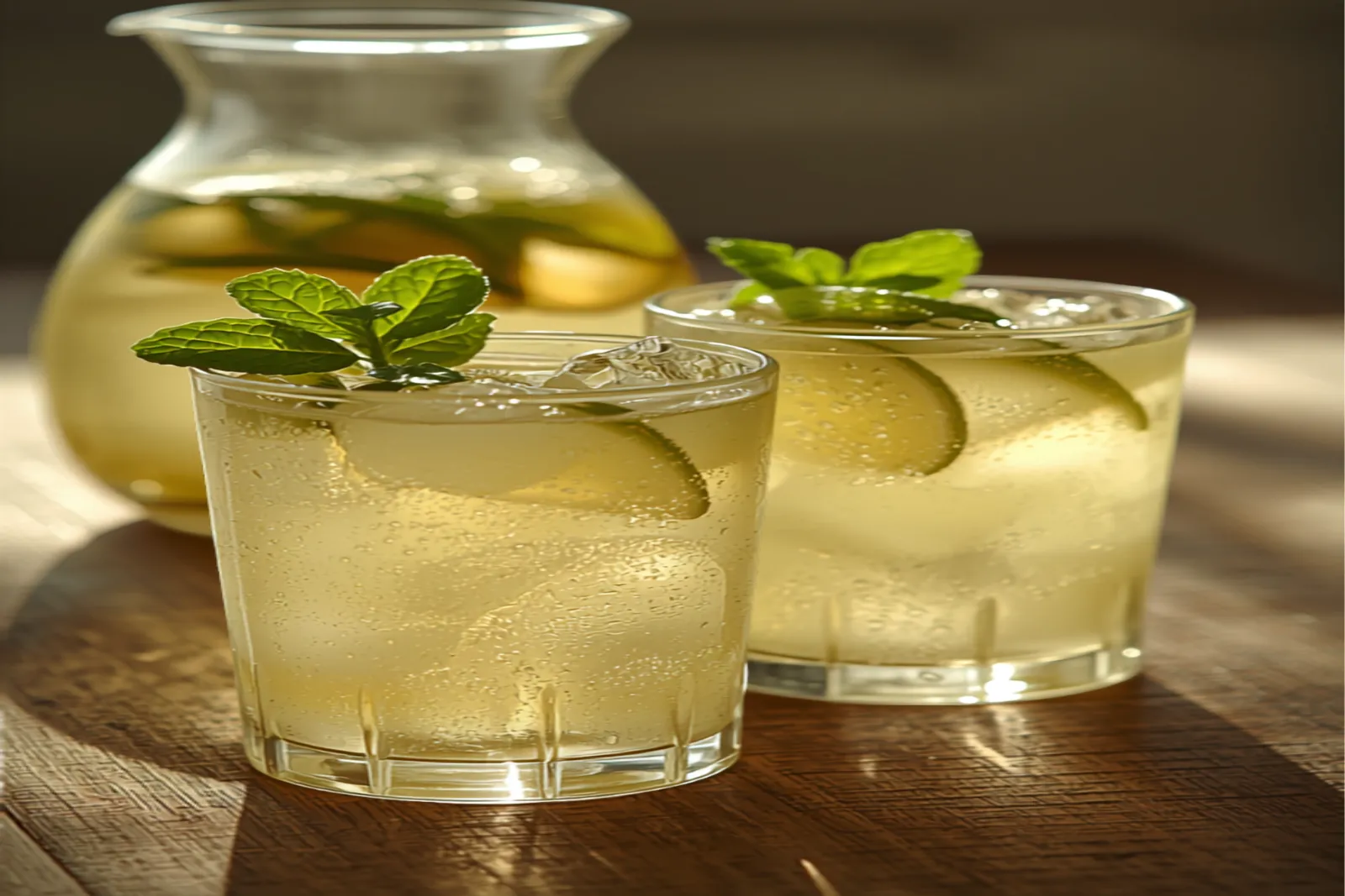 Two glasses of cloudy pale-yellow nimbu pani over ice with mint leaves and lime slices, a jug behind, bright sunlit table.