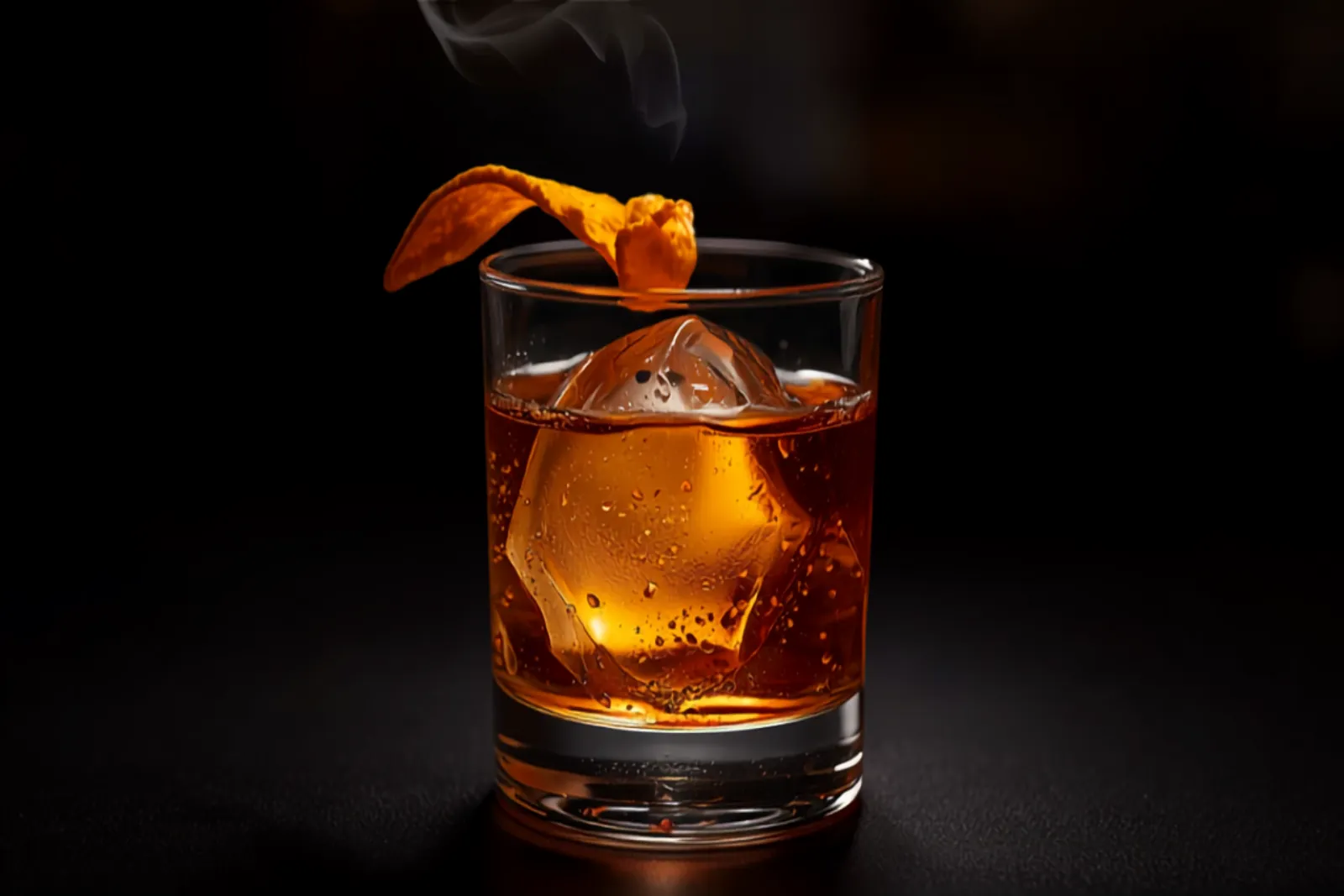 An Oaxaca Old Fashioned over a large ice cube with a flamed orange peel, wisps of smoke, moody warm light.