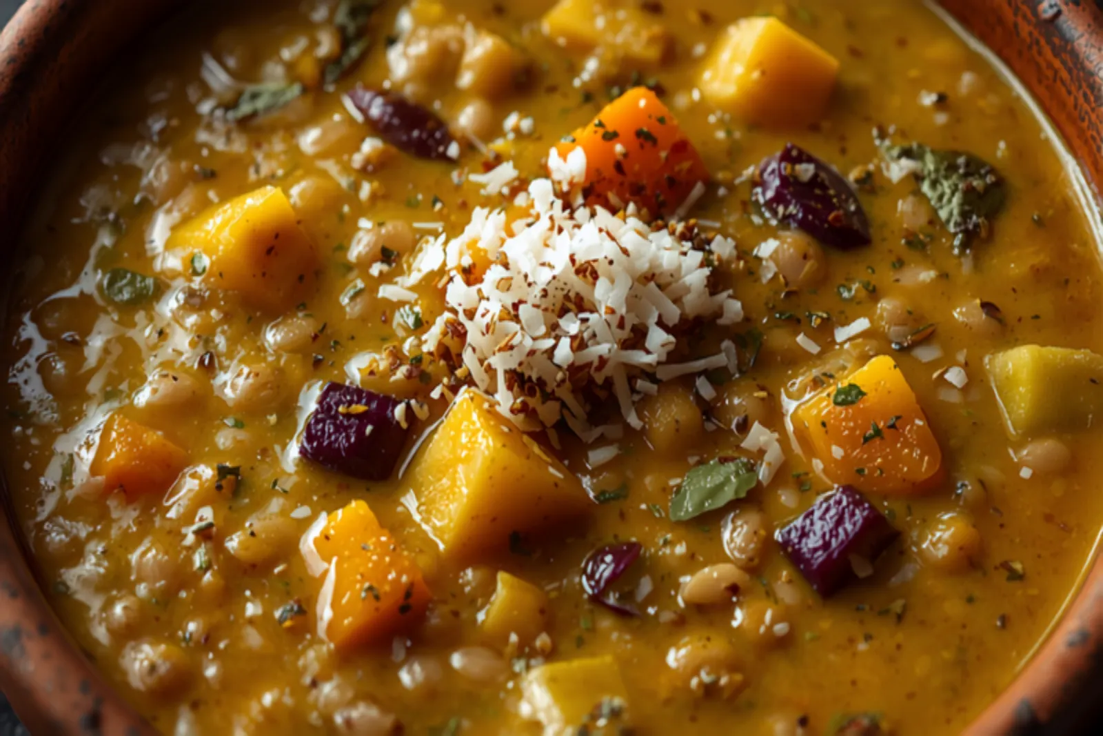 A thick Odia dalma of yellow lentils studded with chunks of pumpkin, potato, and eggplant in an earthen bowl, finished with a cumin tempering and grated coconut.
