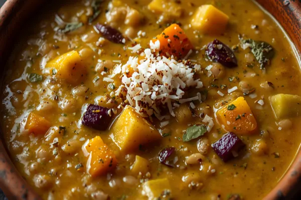 A thick Odia dalma of yellow lentils studded with chunks of pumpkin, potato, and eggplant in an earthen bowl, finished with a cumin tempering and grated coconut.