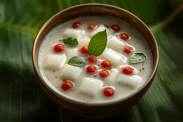 A pale, soupy Kerala olan of ash gourd squares and red cowpeas in coconut milk with curry leaves, served in a bowl on a banana leaf.