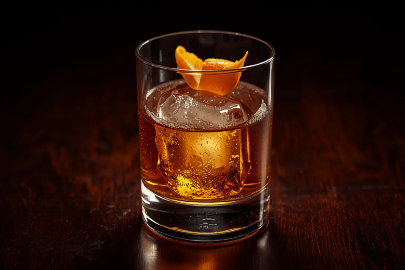 An Old Fashioned cocktail in a heavy rocks glass over a single large clear ice cube, an expressed orange peel resting on top, warm amber whiskey, on a dark wood bar.