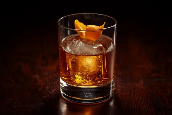 An Old Fashioned cocktail in a heavy rocks glass over a single large clear ice cube, an expressed orange peel resting on top, warm amber whiskey, on a dark wood bar.