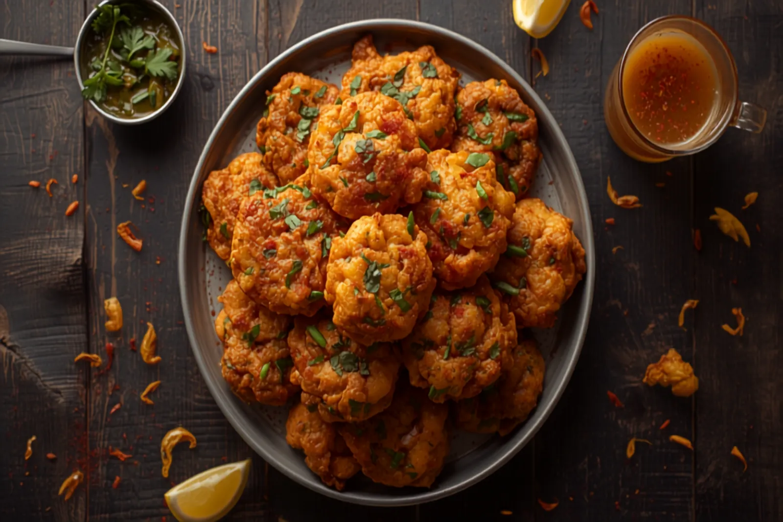 A heaped steel plate of golden, shaggy North Indian onion pakodas with crisp lacy edges, a small bowl of green coriander-mint chutney and a glass of masala chai beside them on a dark wooden table.