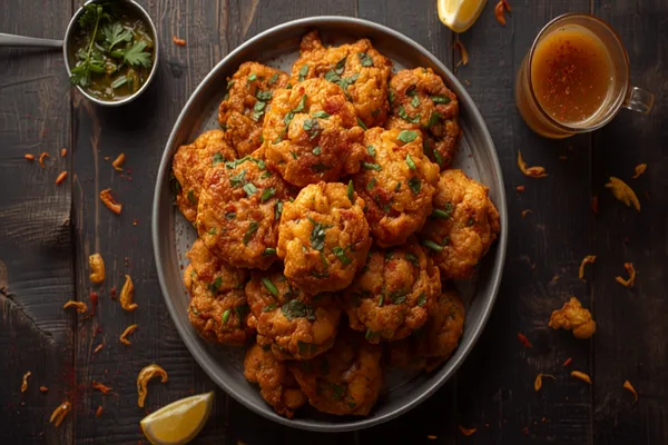 A heaped steel plate of golden, shaggy North Indian onion pakodas with crisp lacy edges, a small bowl of green coriander-mint chutney and a glass of masala chai beside them on a dark wooden table.