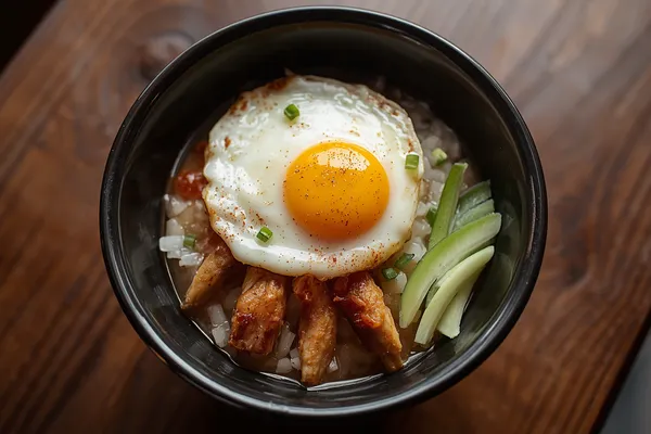 A donburi bowl of oyakodon: glossy, barely-set golden egg over simmered chicken and sweet onion on white rice, scattered with bright green mitsuba and a dusting of red shichimi, in a dark ceramic bowl.