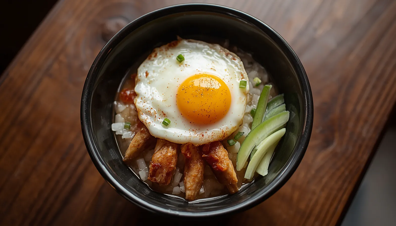 A donburi bowl of oyakodon: glossy, barely-set golden egg over simmered chicken and sweet onion on white rice, scattered with bright green mitsuba and a dusting of red shichimi, in a dark ceramic bowl.