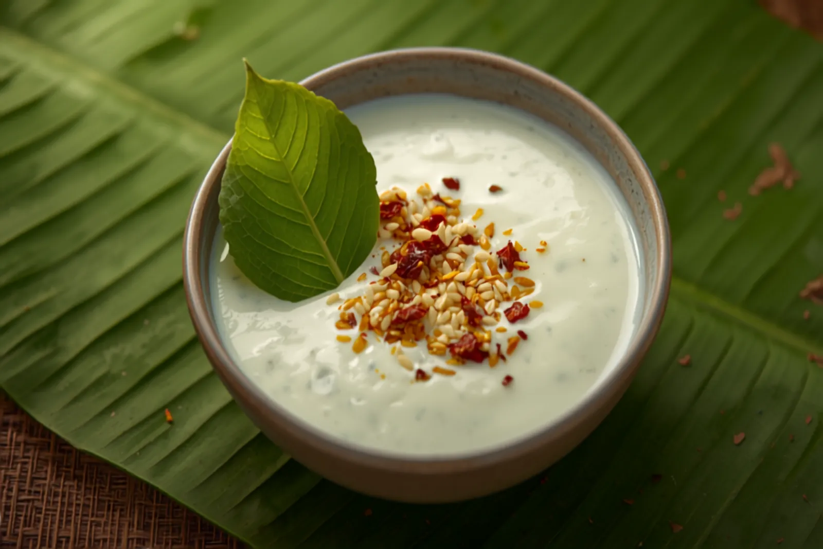 A bowl of pale Kerala cucumber pachadi in coconut-yogurt with a mustard-seed and curry-leaf tempering, on a banana leaf.
