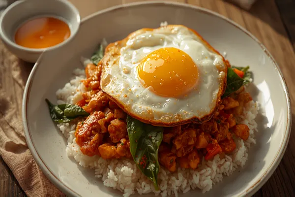 A plate of pad krapow gai — glossy minced chicken stir-fried with chilies and holy basil over jasmine rice, topped with a crisp-edged fried egg with a runny yolk, a small dish of prik nam pla alongside.