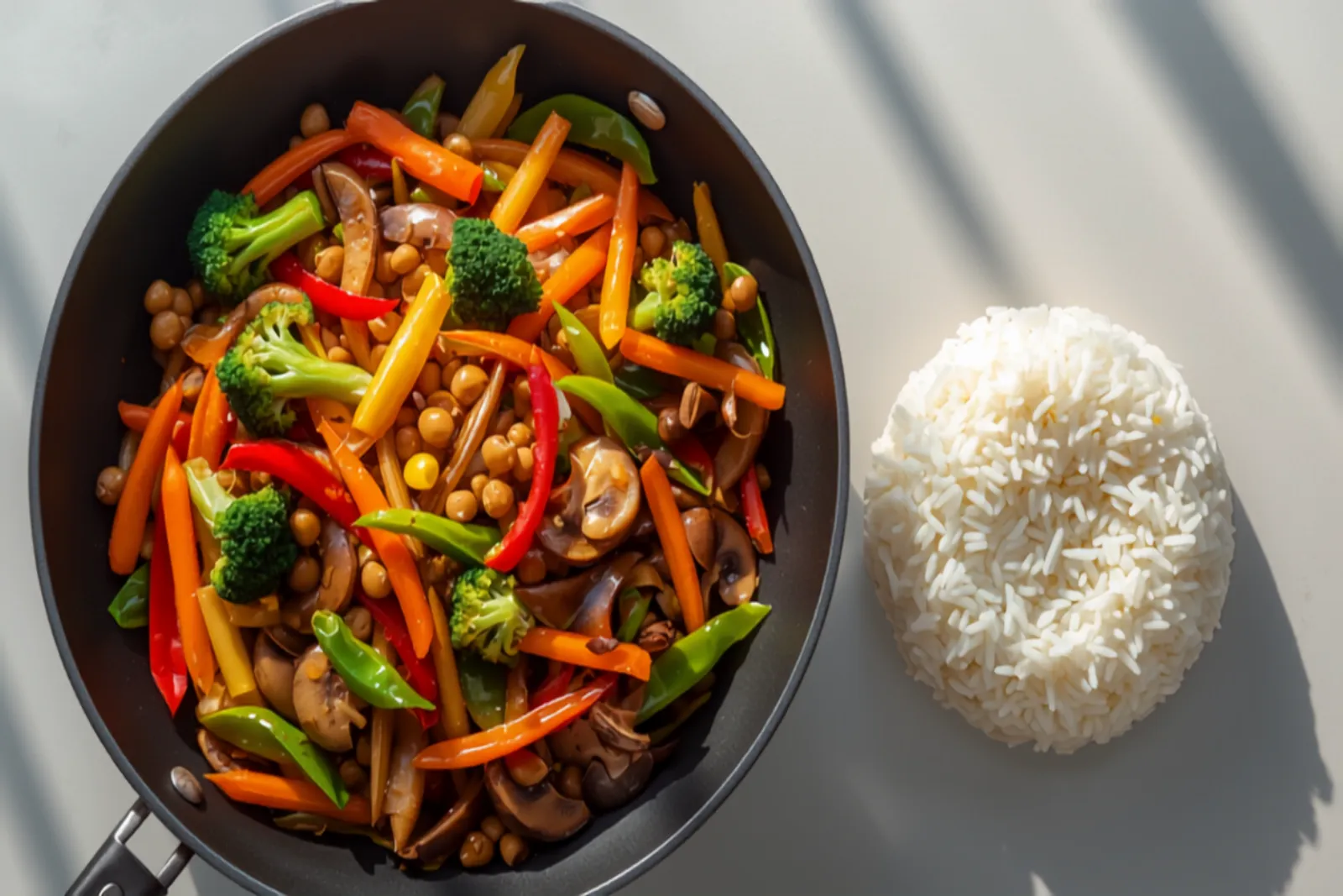 A wok of glossy Thai stir-fried mixed vegetables — bright broccoli, carrot, red pepper, snow peas, baby corn, and mushrooms — coated in a light sauce, served beside jasmine rice.