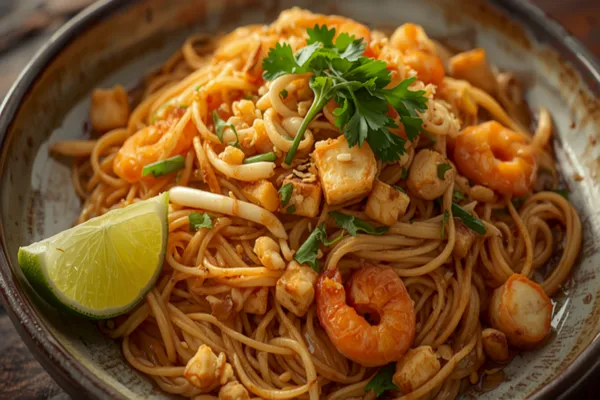 A plate of pad thai — stir-fried rice noodles with prawns, beansprouts, and spring onion — topped with crushed peanuts and a lime wedge.