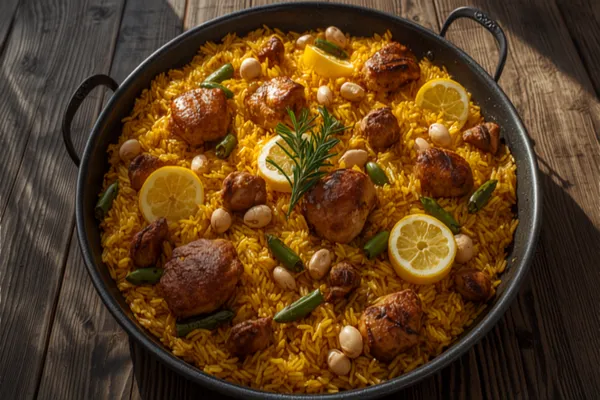 A wide paella pan of paella valenciana — saffron-yellow rice studded with browned chicken and rabbit pieces, flat green beans, and white butter beans, garnished with lemon wedges and a sprig of rosemary, set on a rustic table.