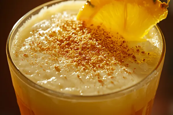 A Painkiller over crushed ice, creamy golden-orange, dusted with fresh nutmeg and garnished with an orange wheel.
