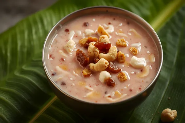 A bowl of pale pink Kerala palada payasam — rice ada in thickened sweet milk — topped with ghee-fried cashews and raisins, on a banana leaf.