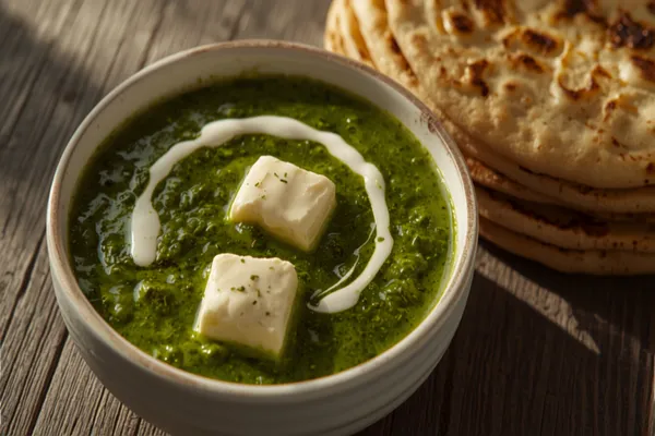 A bowl of palak paneer — soft white paneer cubes in a vibrant green spinach gravy with a swirl of cream, beside warm roti.