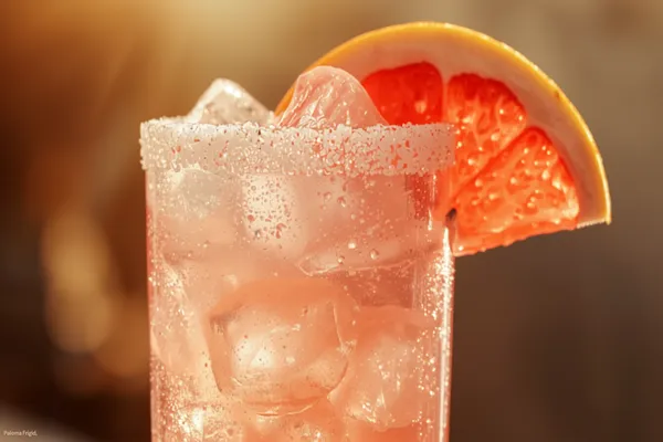 A tall Paloma over ice with a flaky-salt rim and a pink grapefruit wedge, pale pink and fizzy in the sun.