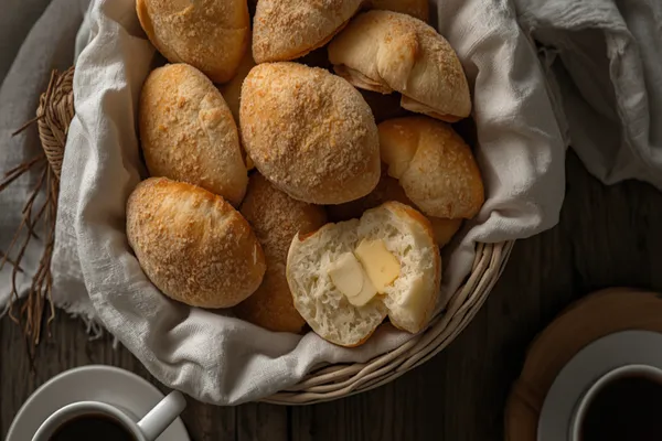 An overhead view of a cloth-lined wicker basket heaped with oval Filipino pandesal rolls, their pale golden crusts dusted with fine breadcrumbs, one roll at the front split open to show a soft shredded white crumb with two pats of butter melting into it, flanked by two cups of black coffee on a weathered wooden table in soft morning light.