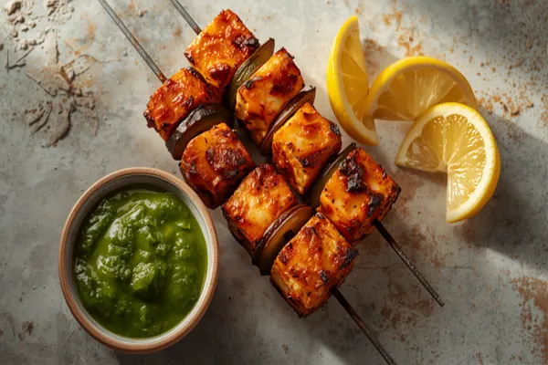 Skewers of charred paneer tikka — orange-red marinated paneer cubes with blistered edges, alternating with charred peppers and onion, beside green mint chutney and lemon.