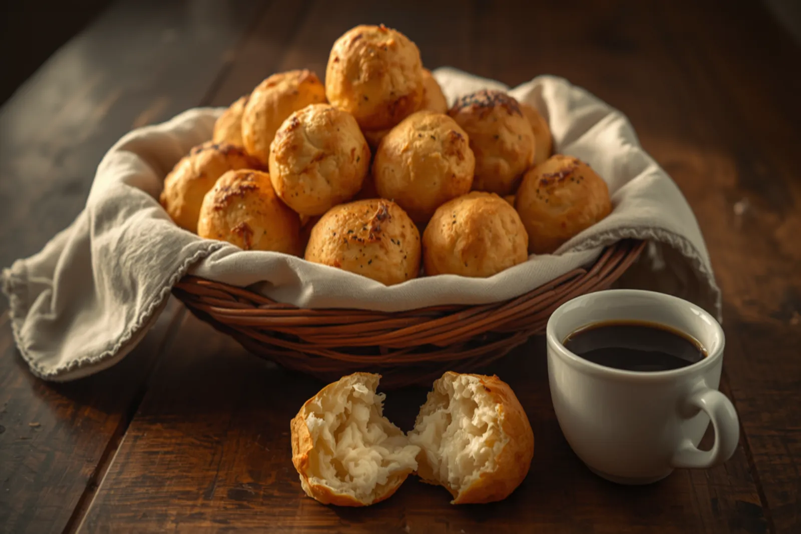 A pile of golden, hollow Brazilian pão de queijo puffs in a cloth-lined basket, one torn open to show the stretchy pale cheese-flecked interior, with a small cup of black coffee beside them on a rustic wooden table.