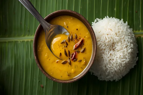 A bowl of soft yellow Kerala parippu (moong dal) with a mustard-seed and curry-leaf tempering and a spoon of ghee, beside rice on a banana leaf.