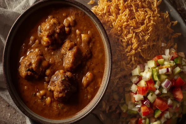 A bowl of Parsi mutton dhansak — thick brown puréed lentil-and-vegetable curry with pieces of goat — beside a plate of caramelised golden-brown rice and a kachumber salad.