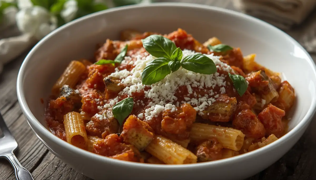 Pasta alla Norma with tomato, fried aubergine and ricotta salata