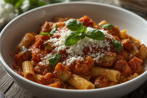 A white bowl of rigatoni alla Norma coated in red tomato sauce, studded with golden-brown fried eggplant cubes, topped with a snowfall of grated white ricotta salata and a few bright green basil leaves.