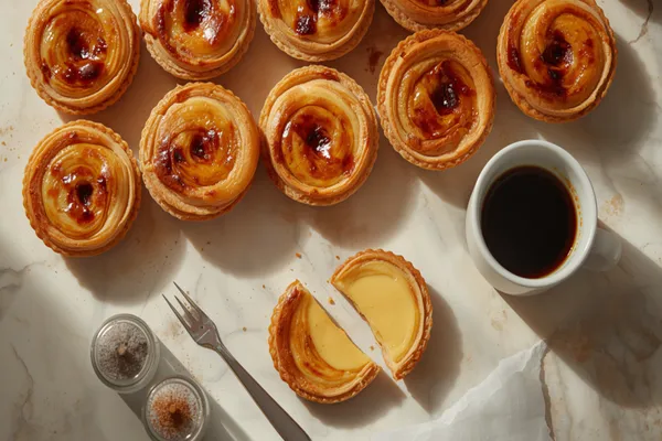 Overhead view of freshly baked pastéis de nata on a pale marble counter, their flaky spiral pastry shells deep gold and their custard tops blistered with dark, almost black caramelised spots; one tart in the foreground is cut in half to show the smooth pale-yellow set custard and the thin layered shell, with a white cup of black espresso, a slim fork and two glass shakers of ground cinnamon and icing sugar alongside in warm side light.