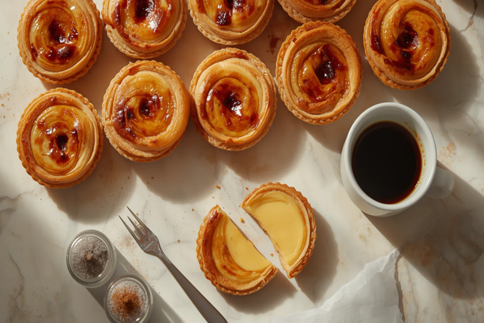 Overhead view of freshly baked pastéis de nata on a pale marble counter, their flaky spiral pastry shells deep gold and their custard tops blistered with dark, almost black caramelised spots; one tart in the foreground is cut in half to show the smooth pale-yellow set custard and the thin layered shell, with a white cup of black espresso, a slim fork and two glass shakers of ground cinnamon and icing sugar alongside in warm side light.