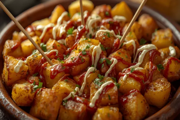 A rustic plate of golden, crisp-fried potato cubes drizzled with rust-red smoky brava sauce and ribbons of white garlic allioli, a few cocktail sticks tucked in at the side.