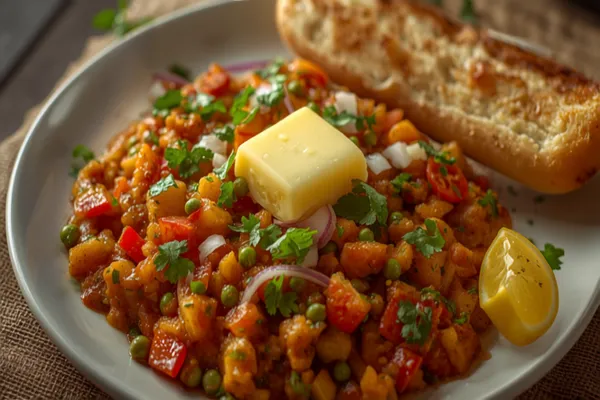 A plate of Mumbai pav bhaji — a red-brown buttery vegetable mash topped with a melting knob of butter, raw onion and coriander, beside golden butter-toasted pav and lemon wedges.