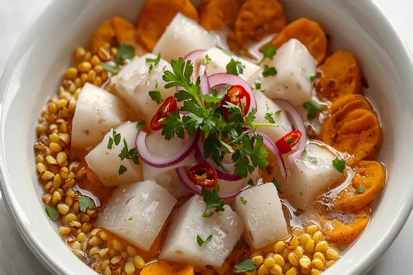 A shallow white bowl of Peruvian ceviche — cubes of opaque white fish in a cloudy lime marinade with thin red onion slices, chopped coriander, and red chili, served with slices of orange sweet potato and toasted corn kernels.