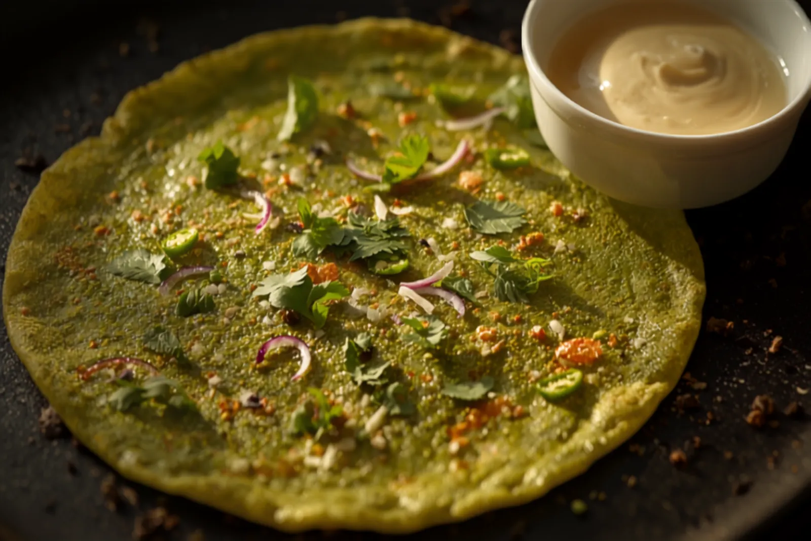 A green-tinged crisp pesarattu dosa on a griddle topped with finely chopped onion, green chili, and coriander, with a bowl of ginger chutney beside.