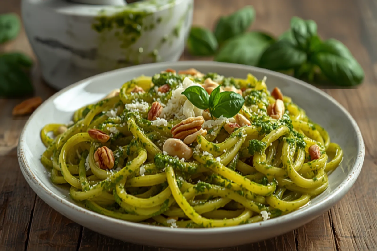 A plate of trofie pasta coated in vivid green basil pesto, flecked with pine nuts and grated cheese, a marble mortar and pestle with more pesto and fresh basil leaves behind.