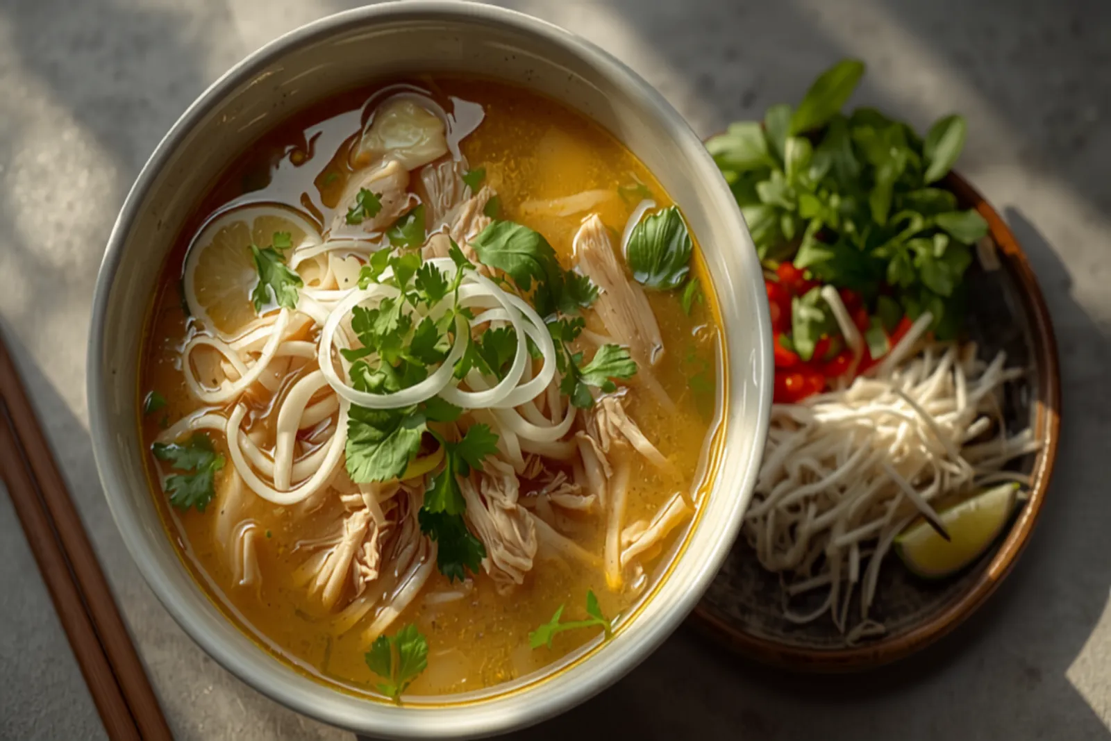 A bowl of phở gà — clear golden broth over flat rice noodles and shredded chicken, topped with sliced onion, scallion, and cilantro, with a side plate of Thai basil, bean sprouts, lime wedges, and red chili.