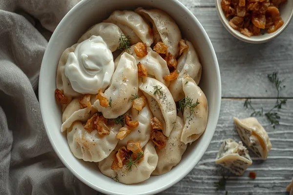 An overhead view of a deep white bowl heaped with freshly boiled pierogi ruskie, their thin pale dough glossy with butter and each half-moon showing a pinched, crimped seam, scattered with deep golden fried onion pieces, cracked black pepper and small fronds of dill, a spoonful of thick white sour cream nestled at one side of the bowl, a small dish of extra fried onions and two broken-open dumplings showing their pale potato and curd-cheese filling on the weathered grey wooden table alongside, with a soft grey linen cloth at the left edge.