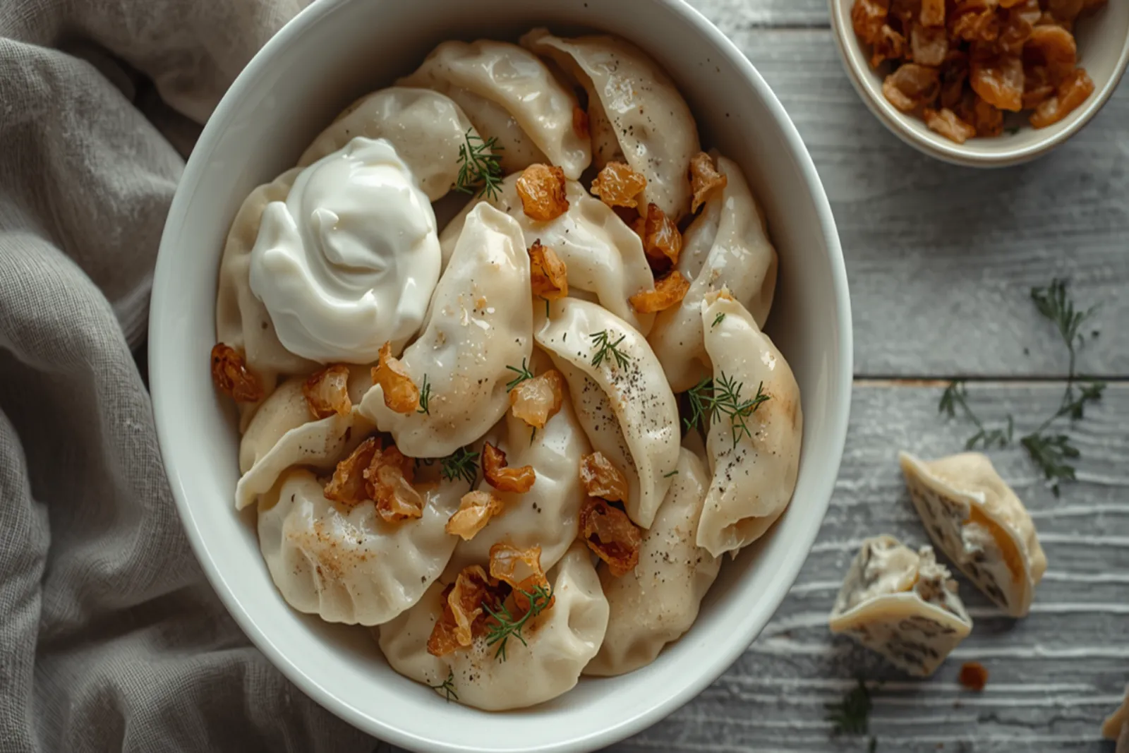 An overhead view of a deep white bowl heaped with freshly boiled pierogi ruskie, their thin pale dough glossy with butter and each half-moon showing a pinched, crimped seam, scattered with deep golden fried onion pieces, cracked black pepper and small fronds of dill, a spoonful of thick white sour cream nestled at one side of the bowl, a small dish of extra fried onions and two broken-open dumplings showing their pale potato and curd-cheese filling on the weathered grey wooden table alongside, with a soft grey linen cloth at the left edge.