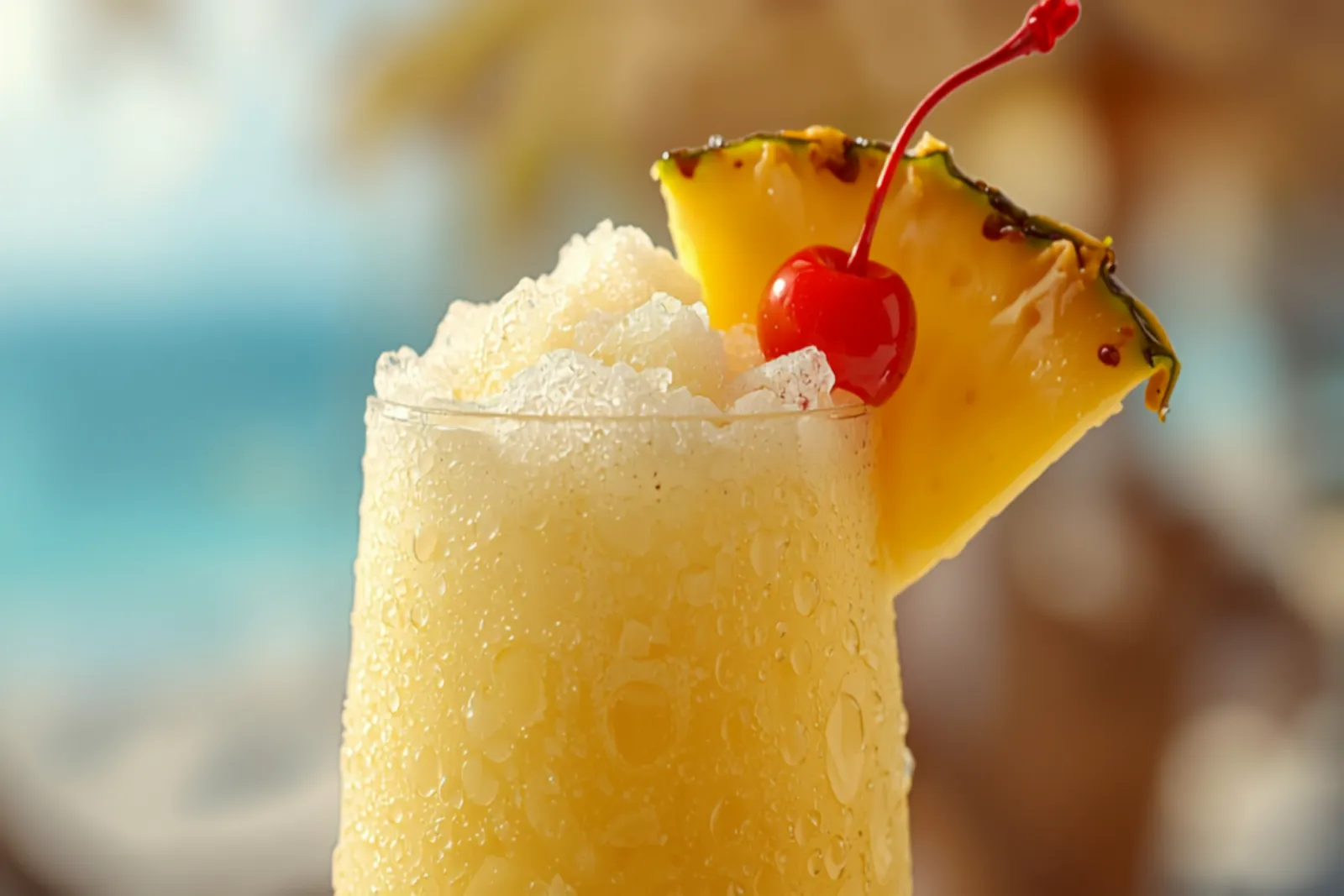 A thick frozen piña colada in a tall hurricane glass with a pineapple wedge and cherry, condensation on the glass, bright tropical light.