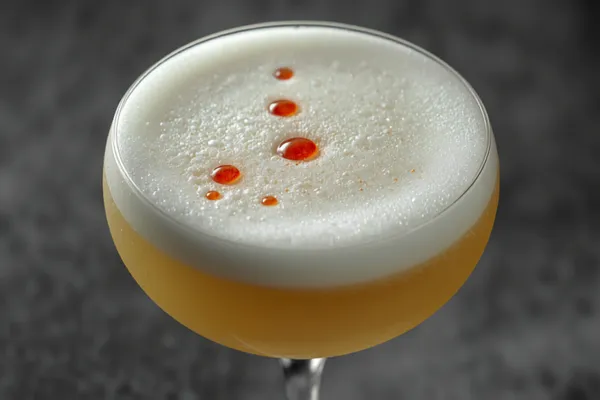 A pisco sour in a chilled glass with a thick white egg-white foam cap dotted with reddish-brown Angostura bitters, pale and frothy.