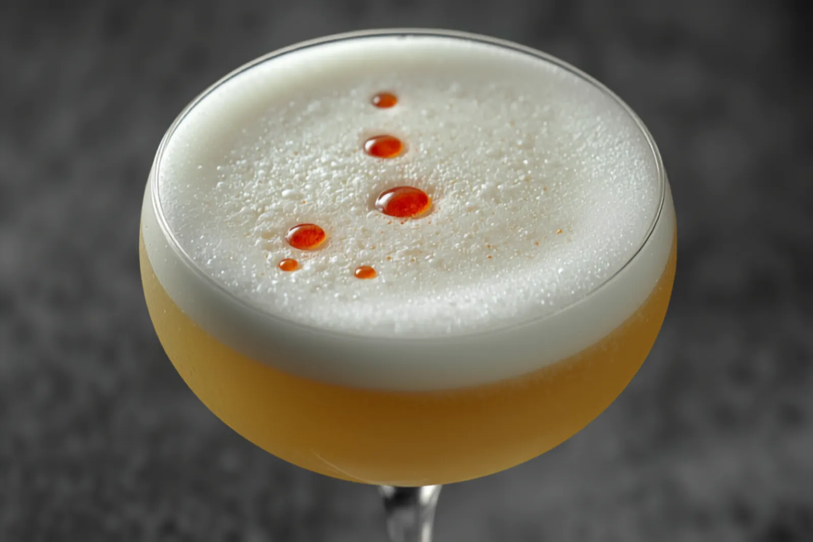 A pisco sour in a chilled glass with a thick white egg-white foam cap dotted with reddish-brown Angostura bitters, pale and frothy.