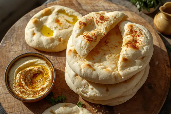 A stack of freshly baked pita on a round wooden board in raking daylight — pale, puffed rounds freckled with golden-brown blisters and dusted with paprika, the top one split open across the middle to show the soft interior, a separate flat round pooled with olive oil behind, a dark bowl of swirled hummus dusted with spice at the lower left and a small clay oil jug and sprigs of parsley at the upper right.