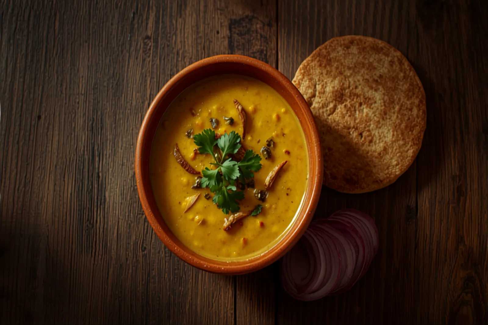 A bowl of soft yellow Maharashtrian pithla (chickpea-flour curry) tempered with mustard seeds, curry leaves and garlic, garnished with coriander, beside a jowar bhakri and raw onion.