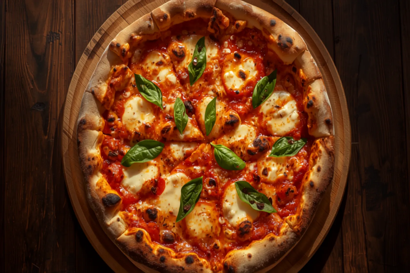 A Neapolitan pizza Margherita on a wooden board — blistered puffy crust topped with red tomato sauce, melted fresh mozzarella, and bright green basil leaves.