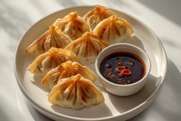 A plate of pork and chive potstickers arranged crisp golden-brown side up, showing pleated tops, with a small dish of dark dipping sauce and chili oil alongside.