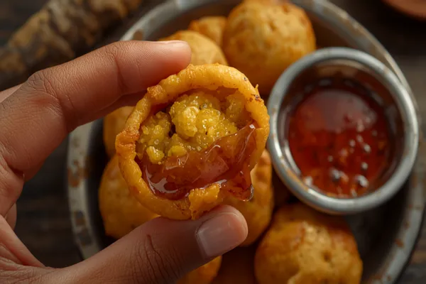 A hand holding a crisp round puchka filled with spiced potato and chickpeas dripping with dark tamarind water, with a plate of more puris and a bowl of spicy water behind.